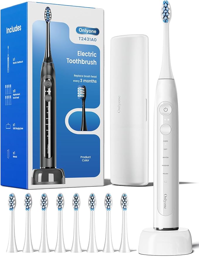 Onlyone Electric Toothbrush for Adults, Rechargeable Electric Toothbrush with 8 Brush Heads, Travel Case, Charging Base & Wireless Charging - 5 Modes with Smart Timer, White