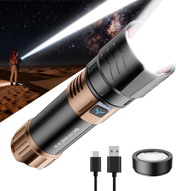 SKYFIRE Rechargeable Flashlights High Lumens Plus with Ignition Lens,Super Bright Flashlight,7500 Zoomable,Waterproof Tactical Flash Light for Camping Essentials Outdoor Home&Gifts-Upgraded