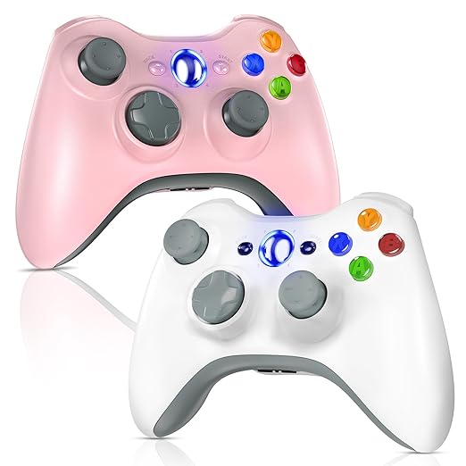 Gamrombo 2 Pack Replacement for Xbox 360 Controller, Wireless Controllers Gamepad Upgraded Joystick Compatible with 360 & Slim, Windows 11/10/8/7 PC Controller with Dual Shock (White+Pink) [microsoft_xbox_360]