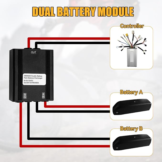 Double Battery Discharge Converter for E-Bike,DC 20V-72V DC Dual Battery Pack Switch Balancer XT90 Plug for Increase The Capacity by Connecting Two Batteries in Parallel Equalization Module (60A)