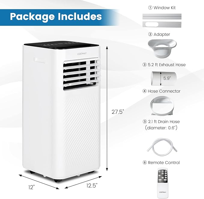 COSTWAY Portable Air Conditioner, 10000 BTU AC Unit with Cool, Fan, Dehumidifier & Sleep Mode for Rooms up to 350 Sq.Ft, with 24H Timer, Child Lock, Remote Control & Window Kit (White and Black)
