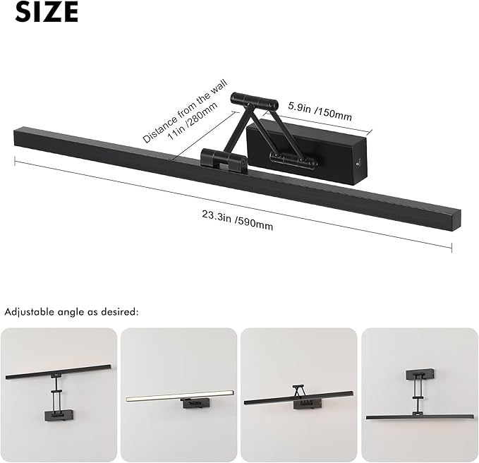 LED Battery Operated Picture Lights with Remote Wireless Art Lighting for Wall 23.6 Inch Rechargeable Painting Black Frame Light Dimmable 3CCT Gallery Light for Library Portrait