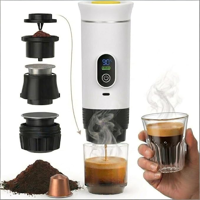 Portable Coffee Maker, Self-Heating Rechargeable Coffee Maker, 20-Bar On The Go Espresso Maker for Car & Camping, 3-in-1 Mini Electric Travel Machine for Ground Coffee & NS Capsules (white)