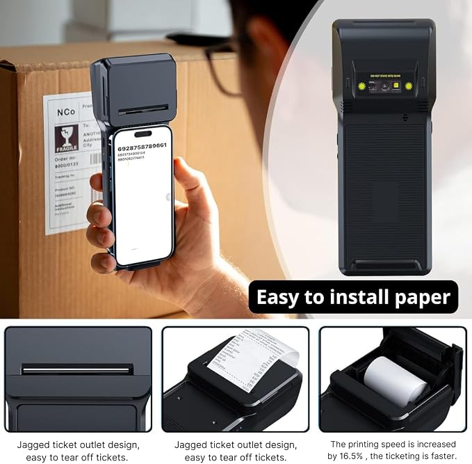 POS XP-P1 Portable Thermal Printer, USB & Bluetooth, 58mm Paper Width, High-Speed Printing, 1D/2D Barcode Scanning, Compatible with Windows, Linux, Android, iOS (Black)