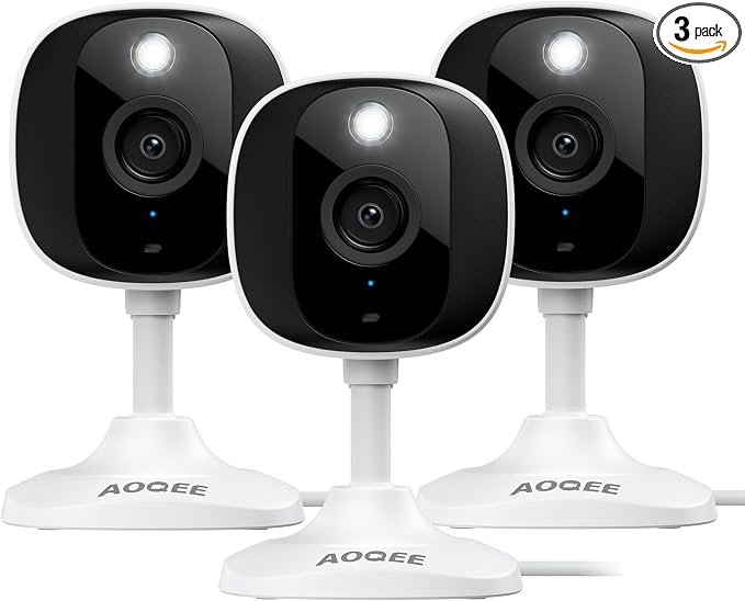 AOQEE 2K Cameras for Home Security-Outdoor/Indoor Camera for Dog/Cat/Pet/Nanny/Baby/Elderly, Color Night Vision, White Light, Siren, 24/7 SD Recordings, Works with Alexa, Plug in (C1-White-3pack-2.4G)