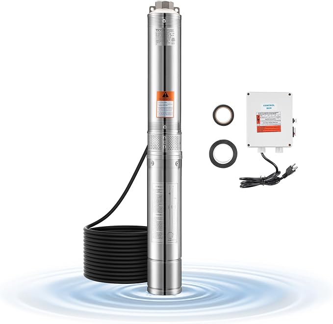 VEVOR Deep Well Submersible Pump, 1 HP Output Power, 115V, 31.7 GPM Flow 207 ft Head, with 32.81 ft Cord External Control Box, Stainless Steel Water Pump, for Industrial Irrigation and Home Use, IP68