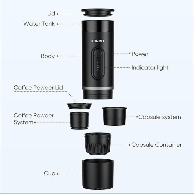Portable Espresso Machine, Travel Coffee Maker for Camping, Car Coffee Maker Compatible with Capsule and Ground Coffee, Small Coffee Maker for RV, Hiking, Office