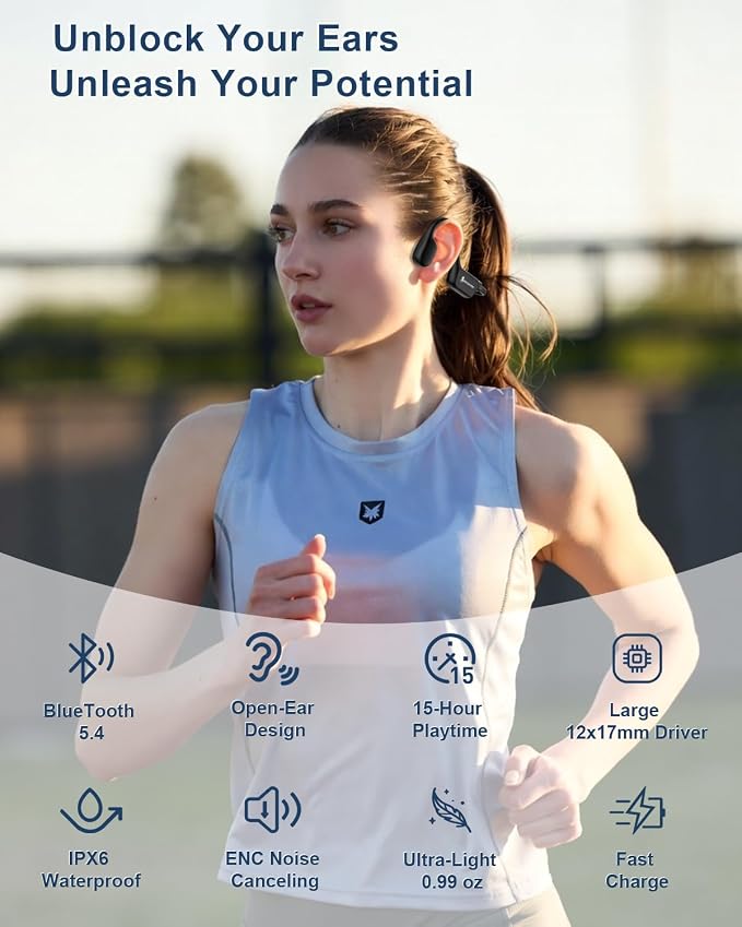 Bone Conduction Headphones, Open Ear Wireless Bluetooth Headphones with Mic, IPX6 Waterproof Sports Headphones for Running, Cycling & Outdoor Work, 15H Playtime X13(Black)