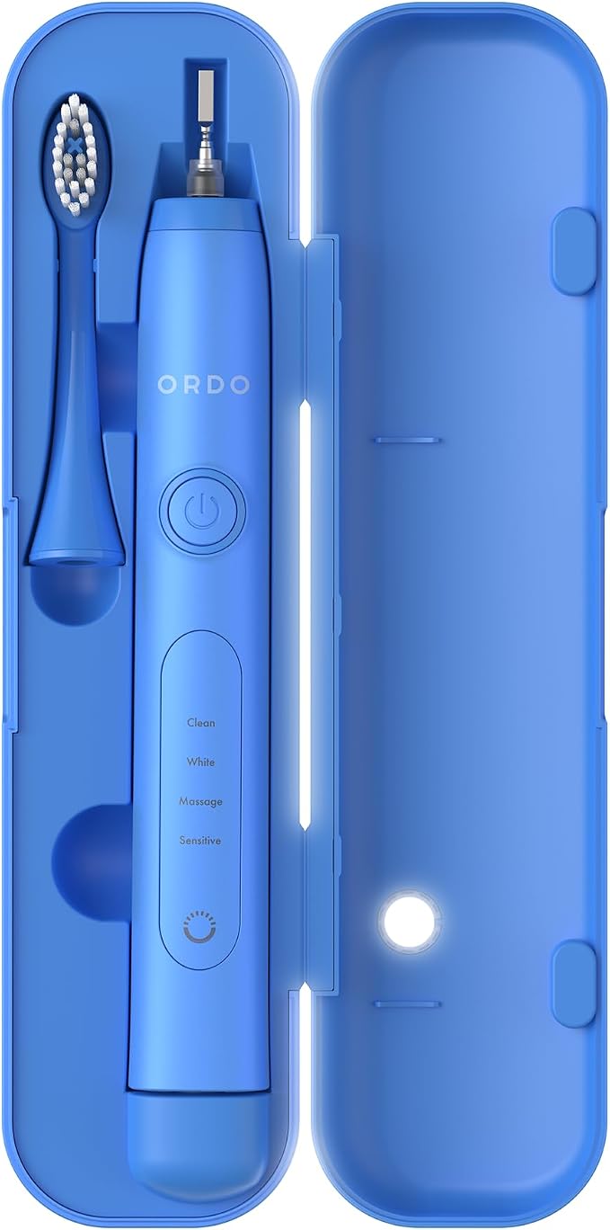 ORDO Sonic+ Electric Toothbrush with Case, Sonic Toothbrushes for Adults, Charging Travel Case, 4 Brushing Modes, Fast Rechargeable Battery, Silicone Polishing, USB Charger, Arctic Blue