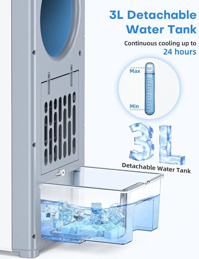 Windowless Air Conditioner, 27" Bladeless Evaporative Air Cooler with 4 Modes & 3 Speeds, Double Tanks, 4 Ice Packs, 25FT Remote,7H Timer, Portable Swamp Cooler Air Conditioner No Window Needed