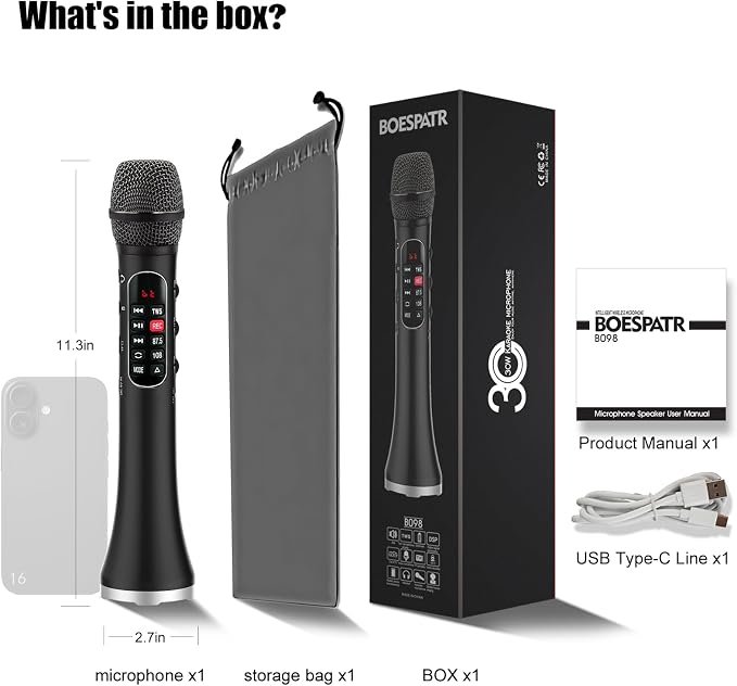 Karaoke Microphone Wireless Bluetooth,Handheld Voice Amplifier,Portable Mic with Speaker 30W High Power DSP Chip Smart Noise Reduction for Car/Indoor/Outdoor Speaking Teaching Singing