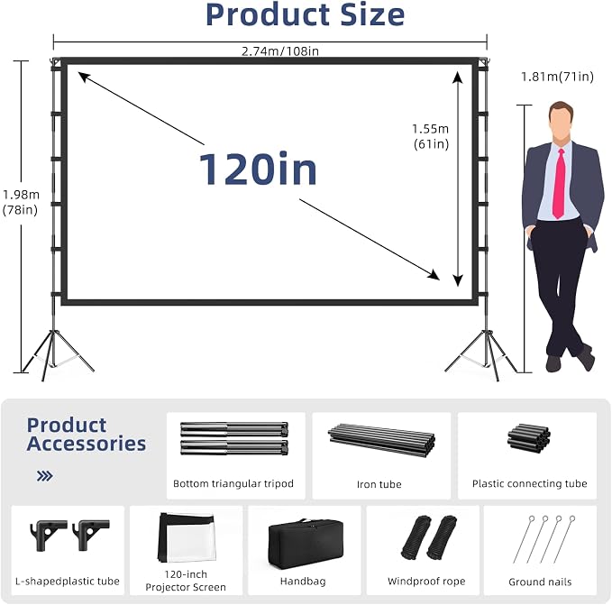 120 Inch Projector Screen with Stand, 16:9 4K HD Portable Projector Screen, Indoor Outdoor Front/Rear with Carry Bag for Home Theater Backyard Camping Movie Night