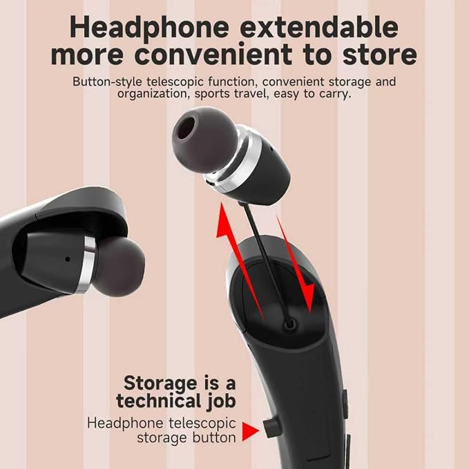 Bluetooth 5.3 Neckband Bluetooth Headphone, Sweat Resistant Noise Cancelling Stereo Headphones, and Retractable Ear Tips for Music, Conference, Videos （Bright Black）