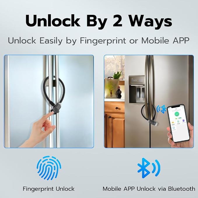 Cable Lock Refrigerator Lock eLinkSmart French Door Fridge Lock - Waterproof 40cm 15.7 inch Fingerprint Bluetooth App Keyless Cable Lock for Cabinets Freezer Baby Safe