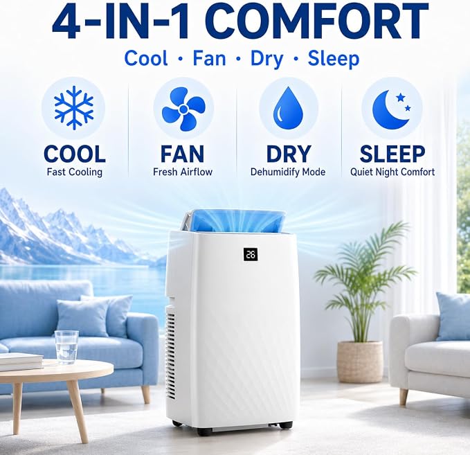 14000 BTU Portable Air Conditioners, 4-in-1 AC Unit with Cooling, Fan, Dehumidifier and Sleep Modes, for Rooms Up to 750 Sq.Ft, Remote Control, 24H Timer, Window Kit for Bedroom Apartment Dorm