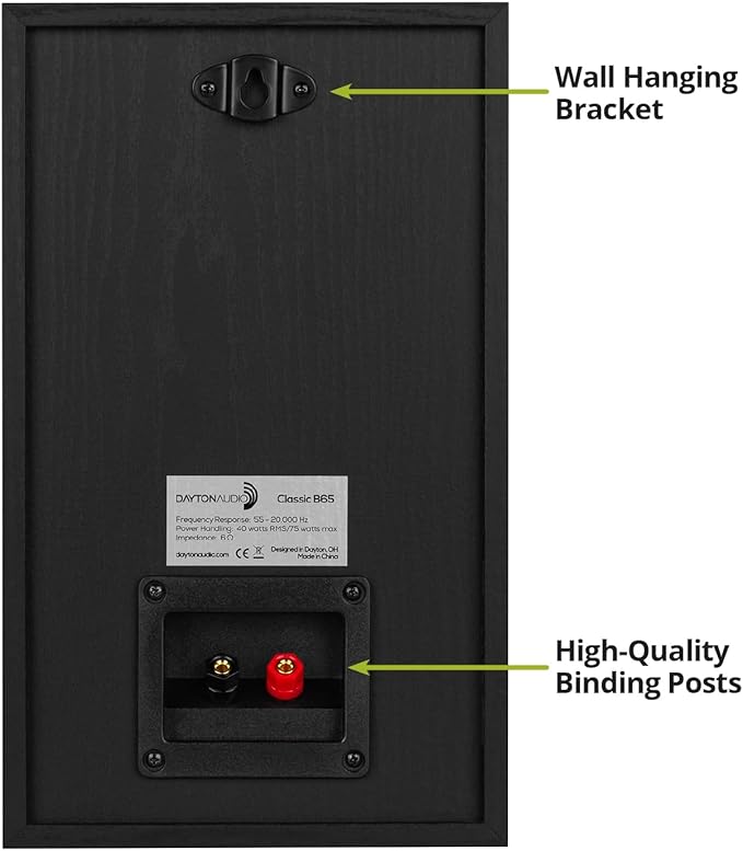 Dayton Audio Classic B65 Bookshelf Speakers, 6.5" Woofer & 1" Tweeter, Passive 2-Way Design, 60W RMS, for Music, TV & Home Audio Systems – Black