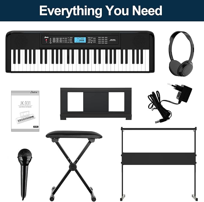 61 Key Keyboard Piano, Portable Electric Piano Keyboard w/LCD Screen, Built-In Speakers, Headphones, Stand, Stool, Music Rest, Microphone, 300 Timbres, 300 Rhythms
