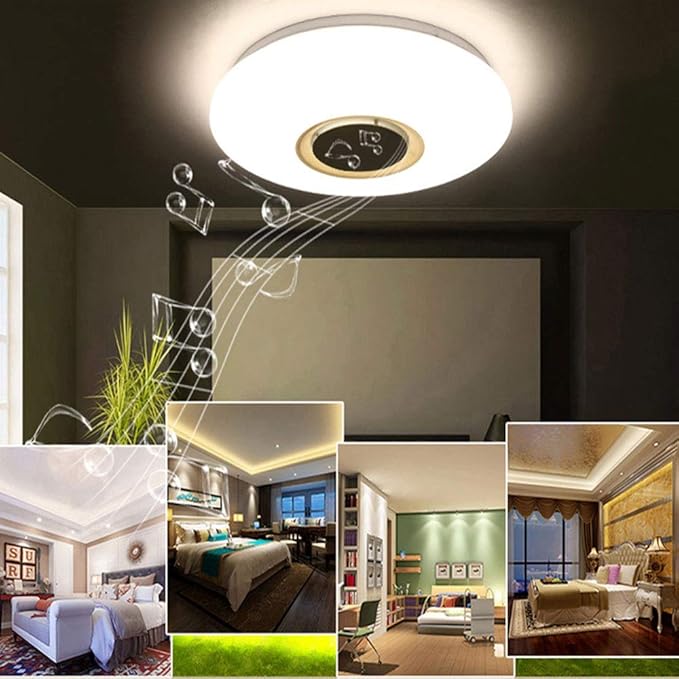 Upgrade 15 inch Dimmable LED Music Ceiling Light with Bluetooth Speaker 24W, Bluetooth Control via Smart Phone APP, Flush Mount Ceiling Light Family Bedroom (Remote Includes)