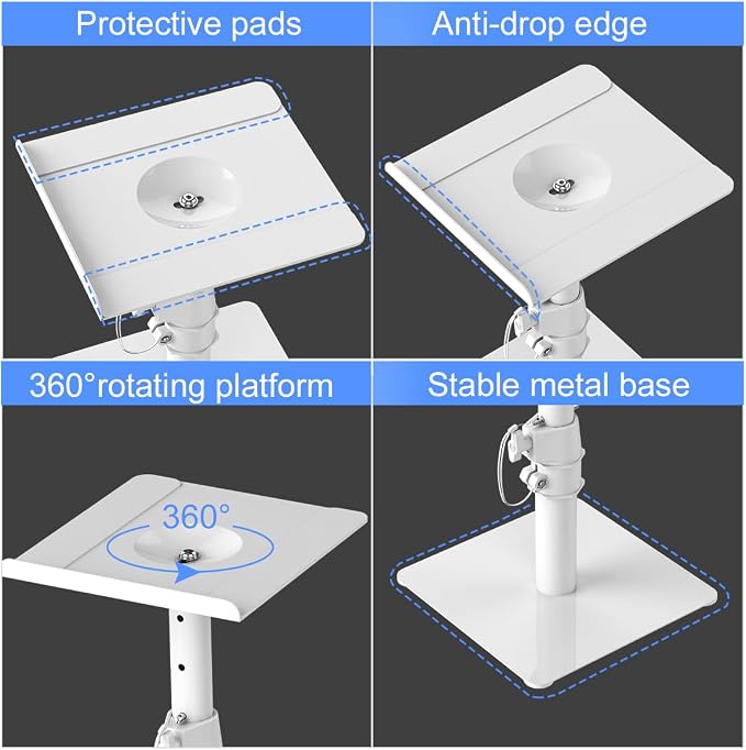Suptek Free-Standing Speaker Stand Desktop Set, 9.6 x 8.8 inch Trays, Height Adjustment and Tilt, Universal Audio Holders for Computer and Bookshelf Speakers, Elevated Sound, 2 Pack, White, SDM001TW