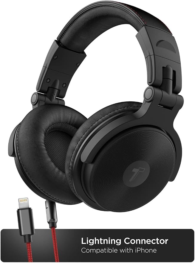 Thore Over Ear iPhone Headphones with Lightning Connector (Apple MFi Certified) – Closed Back Studio DJ Monitor Earphones (50mm Neodymium Drivers) (V200 Black/Red)