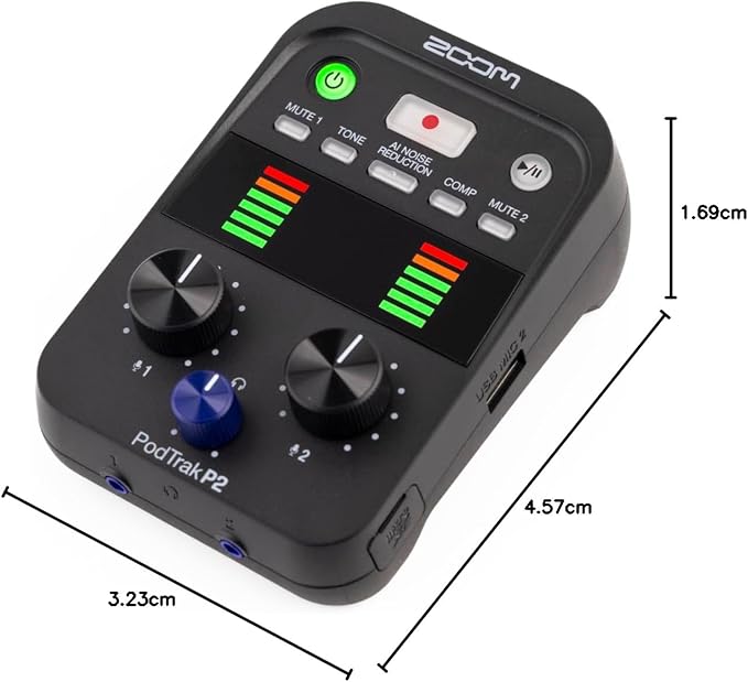 Zoom PodTrak P2 Podcast Recorder, 2 USB Mic Inputs, 2 Headphone Outputs, AI Noise Reduction, Tone & COMP Effects, Remote Guest Recording, SD Card, Battery/USB-C Powered