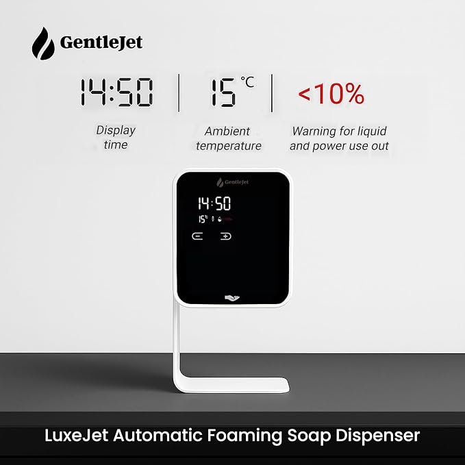 GentleJet LuxeJet Automatic Foaming Soap Dispenser Touchless Sensor, LED Display, 5 Foam Levels, Wall Mount or Countertop, Rechargable USB-C or Battery Powered, Aluminum Alloy, 480 ml Refillable