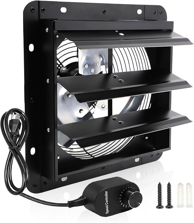 Shutter Exhaust Fan, 7 in Wall Mount Ventilation Fan w/Speed Controller Attic Vent Fan for Chicken Coops, Greenhouse, Gable, Barn, Garage, Shed Ventilator 576 CFM, 1700 RPM