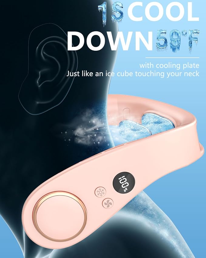 Neck Fan that Blows Cold Air with Cooling Plate, Rechargeable Battery Powered, Portable Silent Mini Neck Air Conditioner, Cordless Leafless Quiet Face Fans for Kid Adults Travel Work Sports, Pink