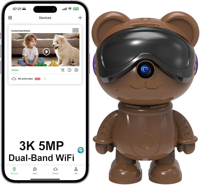 3K 5MP Indoor Security Camera for Home – Cute Bear Baby Monitor & Pet Camera, 2.4/5G WiFi, AI Human & Pet Detection with Auto Tracking, IR Night Vision, RTSP/ONVIF, Works with Alexa & Google