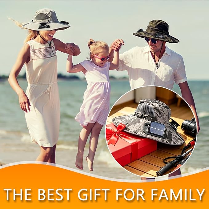 Solar Fan Hat Rechargeable 2Detachable Solar Fans,Water-Repellent Wide Brim Bucket Hat, Outdoor Camping Hiking Golf Sun Hat