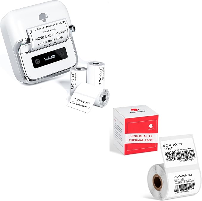 Phomemo M250 Label Maker Machine with 3 Roll Labels, 3 Inch Bluetooth Thermal Label Printer, Upgrade Portable Barcode & Address Label Maker for Business, Home, School, Logo Label, with 1.57'' x 1.18''