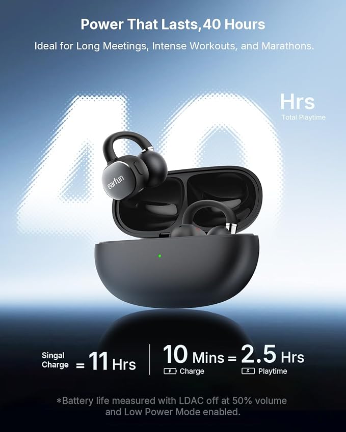 EarFun Clip 2 Open Ear Earbuds, Clip On Headphones, LDAC, Hi-Res Audio, 12mm Titanium Driver, 4 Mics AI Clear Call, AI Translation Earbuds, Secure Fit, 40H Playtime, Bluetooth 6.0 for Running, Workout