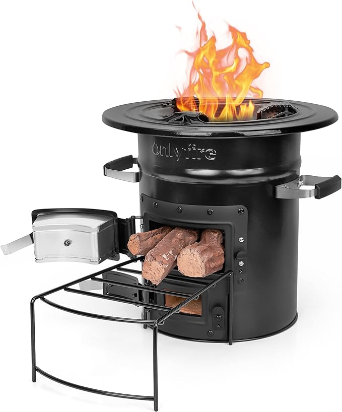Onlyfire Cast Iron Rocket Stove – Heavy Duty Portable Wood Burning Camp Stove for Outdoor Cooking, Patio, Survival – High Fuel Efficiency, Low Smoke, Supports Pots & Dutch Oven, 12.7x12.7x11.4 in