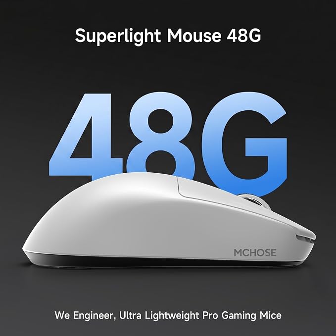 MCHOSE L7 Ultra+ Wireless Gaming Mouse, Lightweight 48g, Ergonomic Mouse with 42K DPI, PAW3950, Optical Switch, 20000 FPS, Dual 8K Polling, 7 Programmable Buttons, 3-Mode Connect, PC/Mac - White