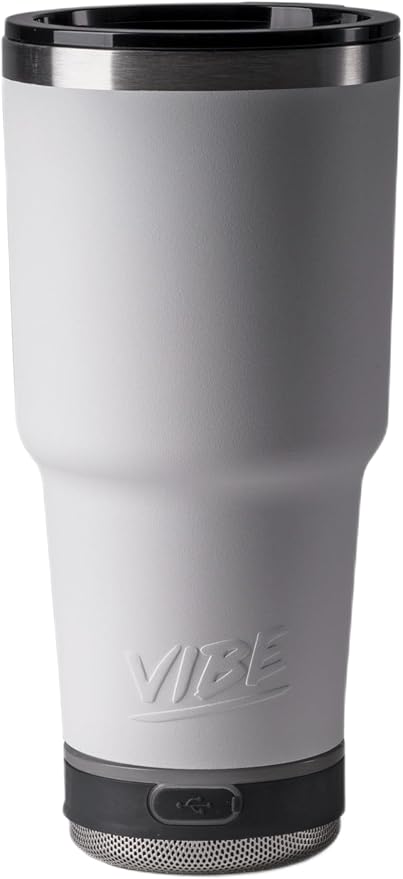 Vibe 28 oz Tumbler with Bluetooth Speaker, Insulated Stainless Steel Travel Cup with Lid, Hot & Cold Drink Beverage Container, Removable Speaker with Microphone, Rubber Base, White