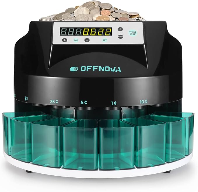 OFFNOVA Electric Automatic Coin Sorter & Change Counter Machine, Coins up to 300 Coins Per Minute, Large LED Digital Display, Supports All Denomination of US Coins