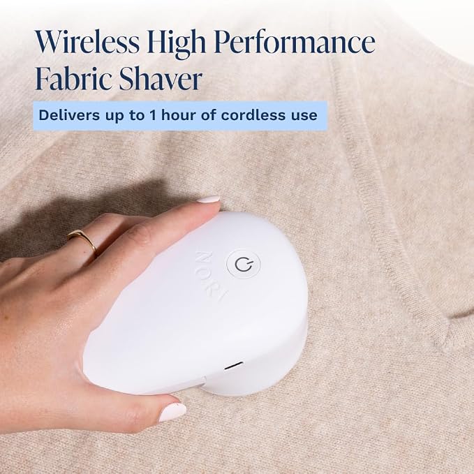 Nori Trim Fabric Shaver - Lint Remover for Clothes & Furniture Couch Pilling - Sweater Pill Remover - Clothes Shaver with 6 Precision Blades - Wireless and Rechargeable - White