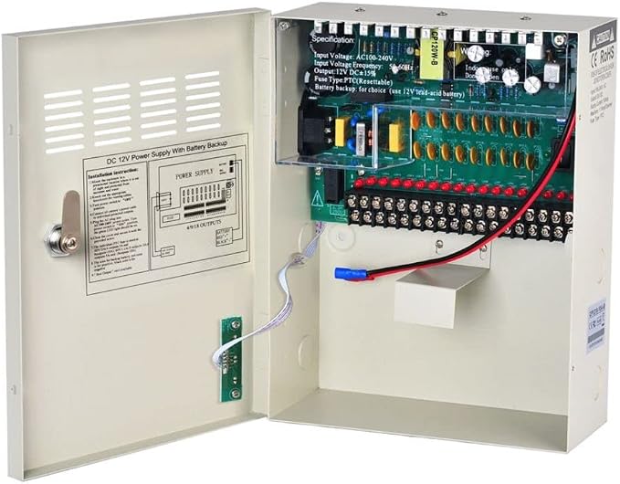 EVERSECU 18 Channel 12V 10Amp DC Metal Boxed Cabinet Regulated UPS Power Supply Unit with Backup Battery Link for Burglar Alarms CCTV Cameras PTZ Access Control (Battery Not Included)