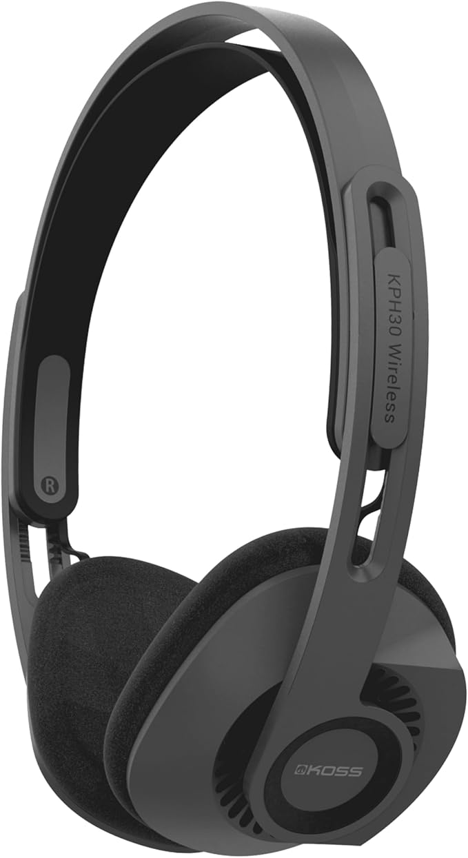 Koss KPH30 Wireless Bluetooth Retro Style On-Ear Headphones, 20+ Hour Battery Life, USB-C Charging, Microphone, Stealth Grey