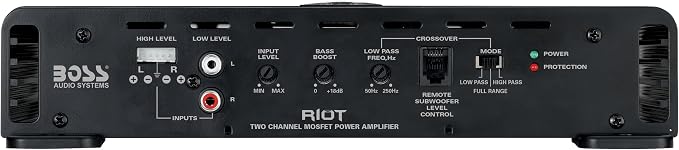 BOSS Audio Systems R4002 Riot Series Car Audio Stereo Amplifier – 800 High Output, 2 Channel, Class A/B, 2/4 Ohm, Low/High Level Inputs, High/Low Pass Crossover, Full Range, Bridgeable, Subwoofer