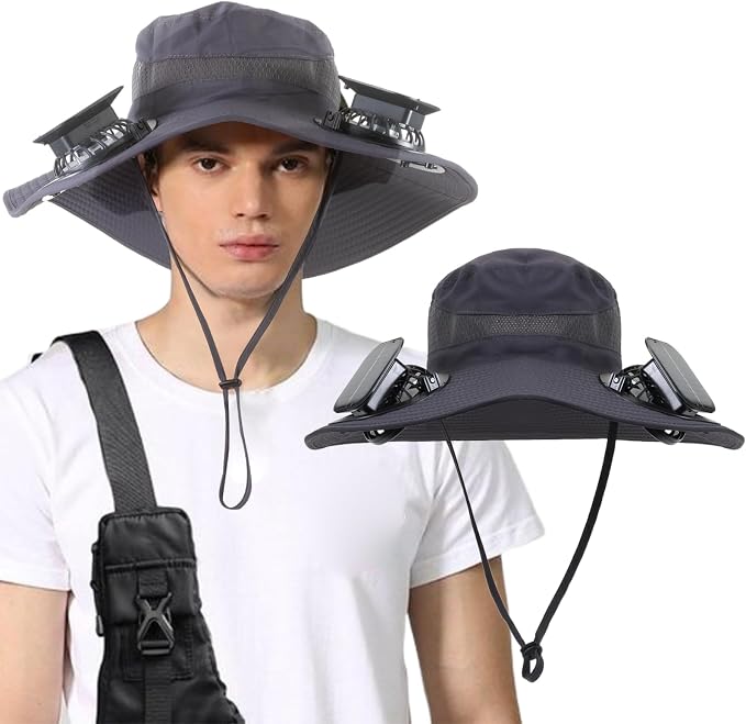 Outdoor Solar Powered Fan Hat for Men Women Breathable Wide Brim Hat with 2 Fans UPF 50+ Fishing Hat Beach Bucket Sun Hat