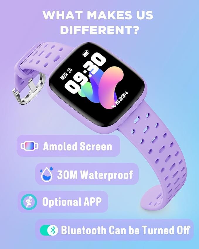 BIGGERFIVE Kids Watch No Phone Needed, 1.8" Amoled Smart Fitness Watch Pedometer, Heart Rate, Sleep Tracker, 30m Waterproof, Step Counter, Puzzle Games, 100+ Dials, Gifts for Girls 5-16, Lilac
