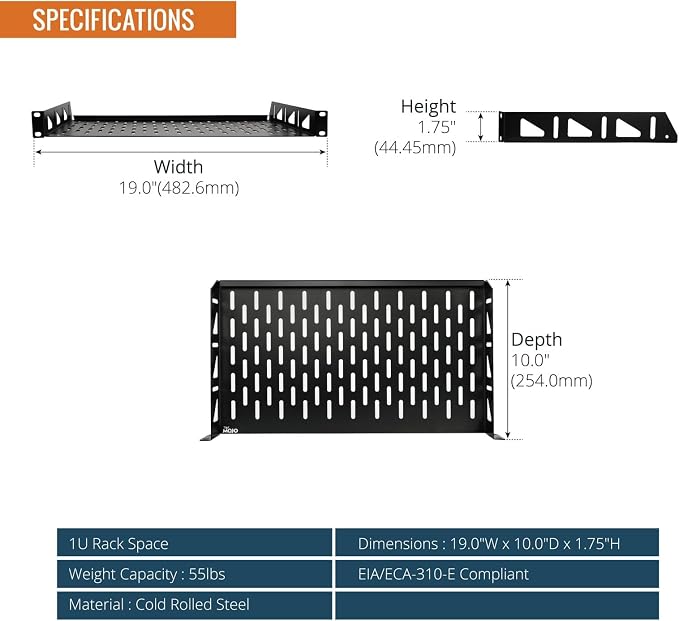 Tecmojo 1U Rack Shelf,19 inch Rack Shelf 10 inch Depth,Rack Mount Shelf with Anti-Slip Stops,Server Rack Shelf and Network Shelf for 19 in Equipments, 55lbs Capacity of Vented 1U Shelf,No Lip(2 Pack)