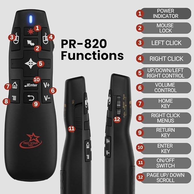 PR-820 Presentation Clicker for Mac – Smartboard Remote PowerPoint Clicker with Laser Pointer & Air Mouse, Compatible with Keynote, Google Slides, MacBook & PC