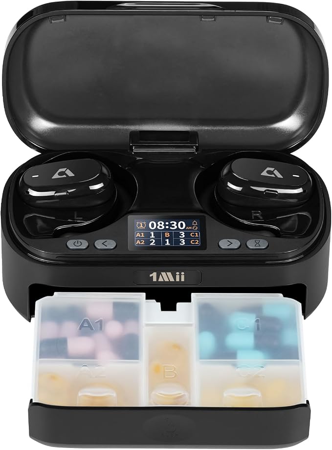 1Mii Smart Pill Dispenser with Alarm, Electronic Pill Organizer with 5 Daily Reminders, App & Vibration Alerts, Travel Pill Box for Vitamins & Medication + Open-Ear Bluetooth Headphones