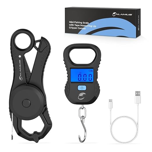 Calamus Lightweight 2pc Fishing Tool Kit – Fish Scale & Lip Gripper, Rechargeable Digital Scale with USB Cable, Lip Gripper with Soft Retractable and Detachable Measuring Tape, Fishing Gifts for Men