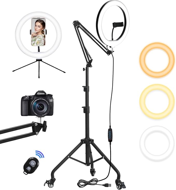Yoobao 12" Ring Light with Stand, 81" Tripod with Overhead Foldable Arm, Phone Mount & Casters, 3 Light Modes & 10 Brightness, LED Selfie Light for Live Streaming YouTube TikTok Photography