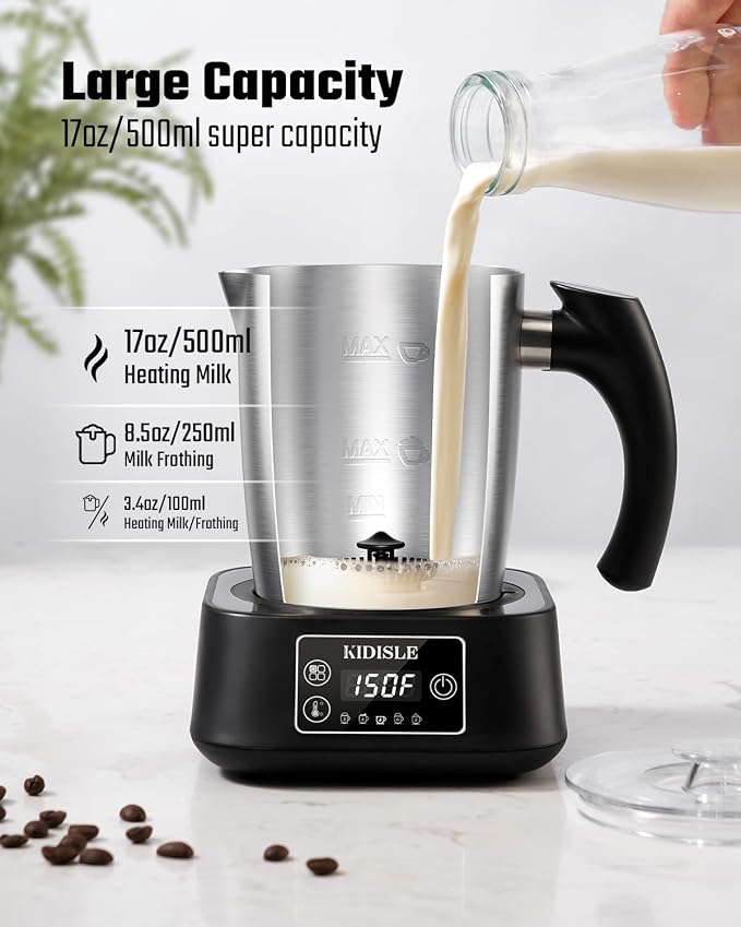 KIDISLE 5-in-1 Milk Frother and Steamer, 17oz Detachable Stainless Steel Jug, 4 Adjustable Temperatures 130°F-160°F, Hot & Cold Foam Maker, Hot Chocolate Maker, Dishwasher Safe