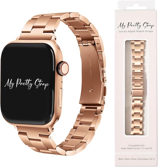 My Pretty Strap - Compatible Apple Watch Band Strap, Stainless Steel Fashion iWatch Replacement Strap- Easy Resizing, No Tool Needed, Fits Most Wrists- Compatible with Series 1-11, SE and Ultra