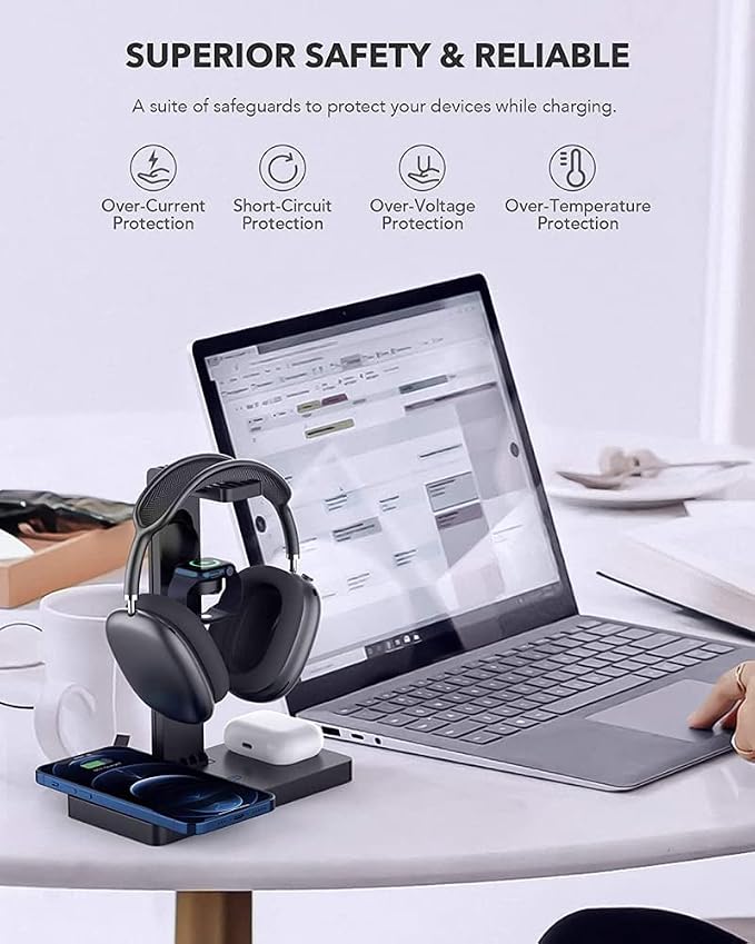 Headphone Stand Headset Holder with Wireless Charger, 4 in 1 Fast Wireless Charging Station for Apple Watch,Air Pods Pro/2, iPhone13/12/11/X, Earphone Hanger with 2 USB-C Ports for Desktop Gamer Room